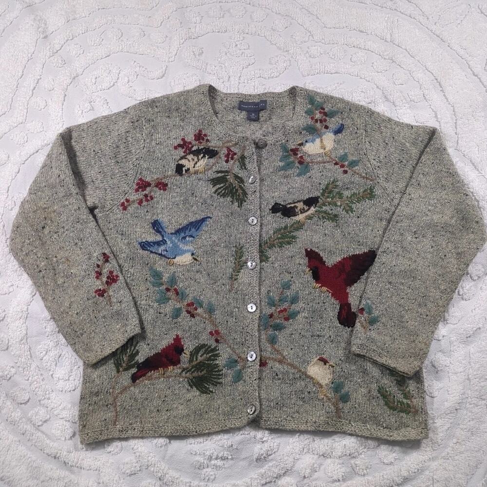 Women’s VTG Vintage Nothern Isle Wool Blend Bird Patch Button Up Sweater (0827)